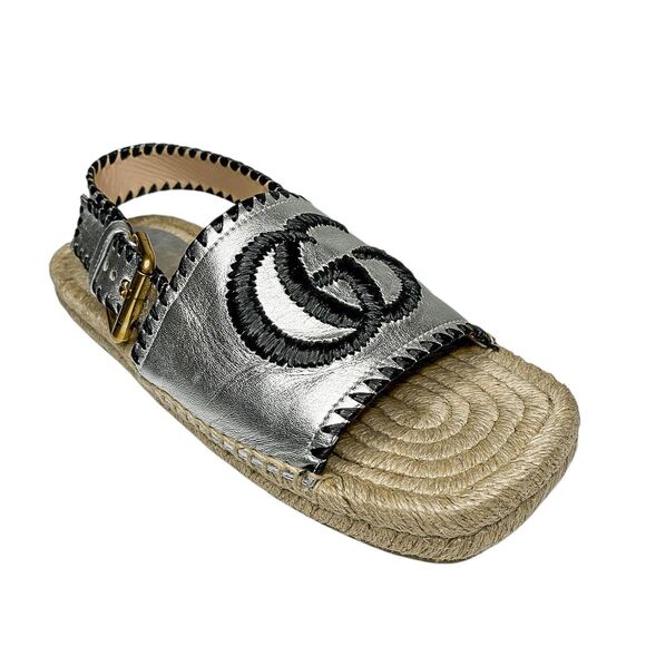 Gucci Pilar GG Espadrille Sandals EU 37 US 7 Metallic Silver Slingback Logo - Picture 1 of 14